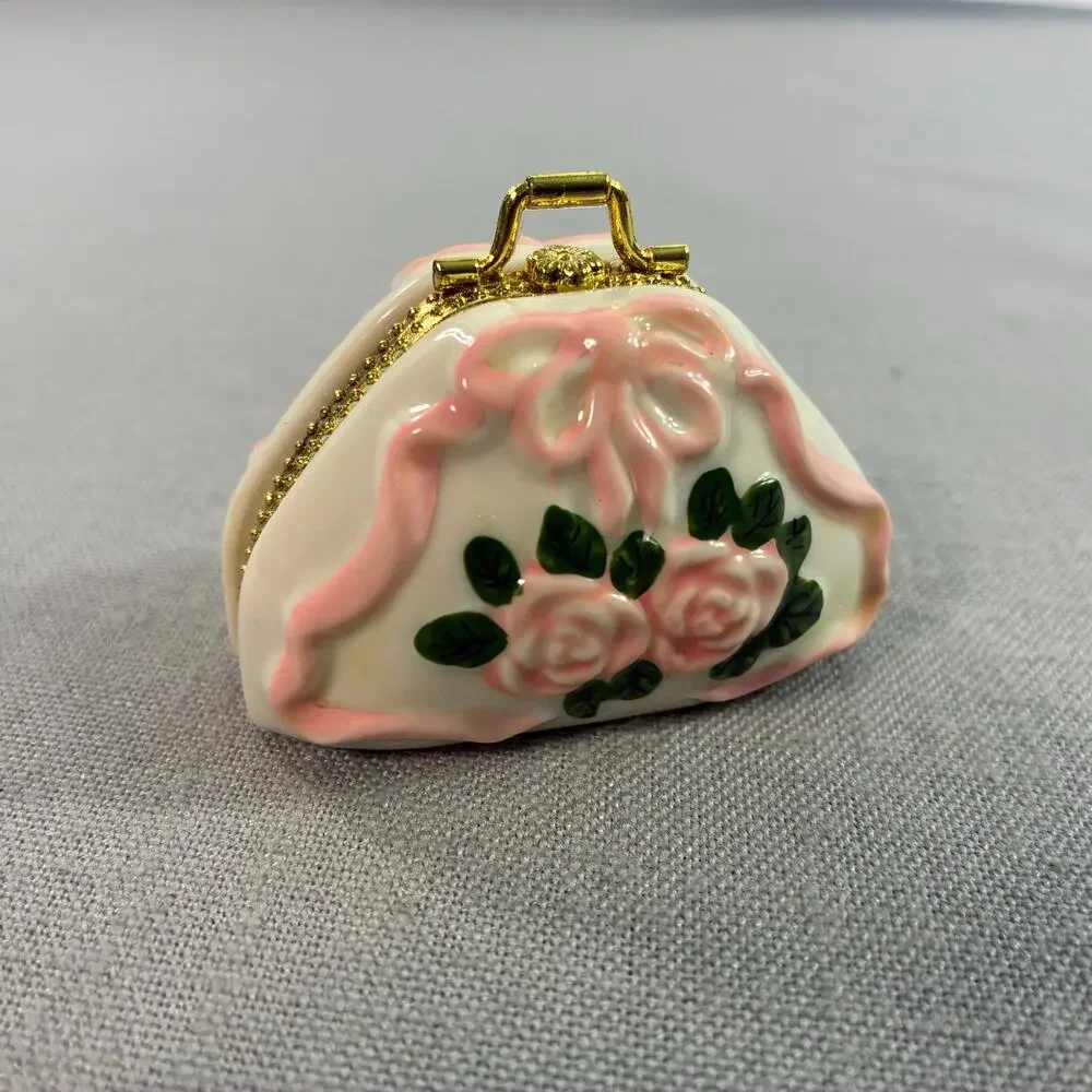 Vintage Porcelain Purse Trinket Box Pink Roses Bow Gold Tone Hinged Miniature
